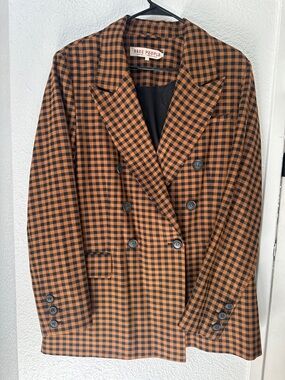 Free People Orange and Black Checked Double-Breasted Blazer